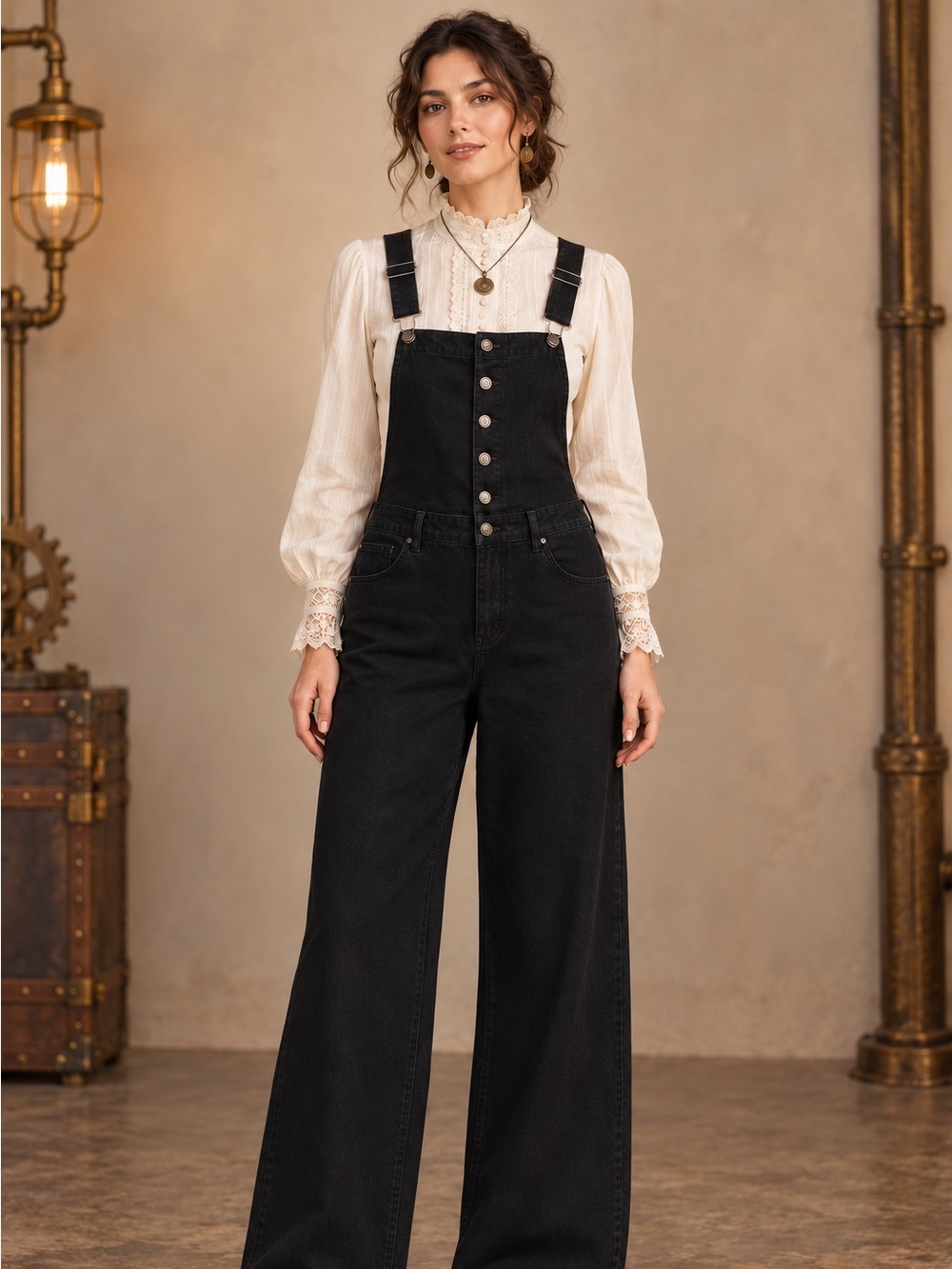 Amazon Black Wide-Leg Denim Jumpsuit Overalls Steampunk Aesthetic